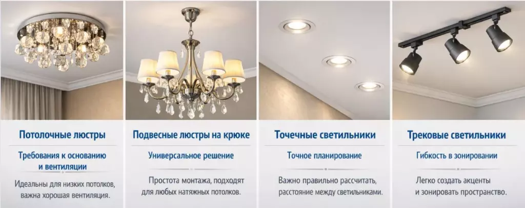 Примеры светильников в интерьере с натяжным потолком.